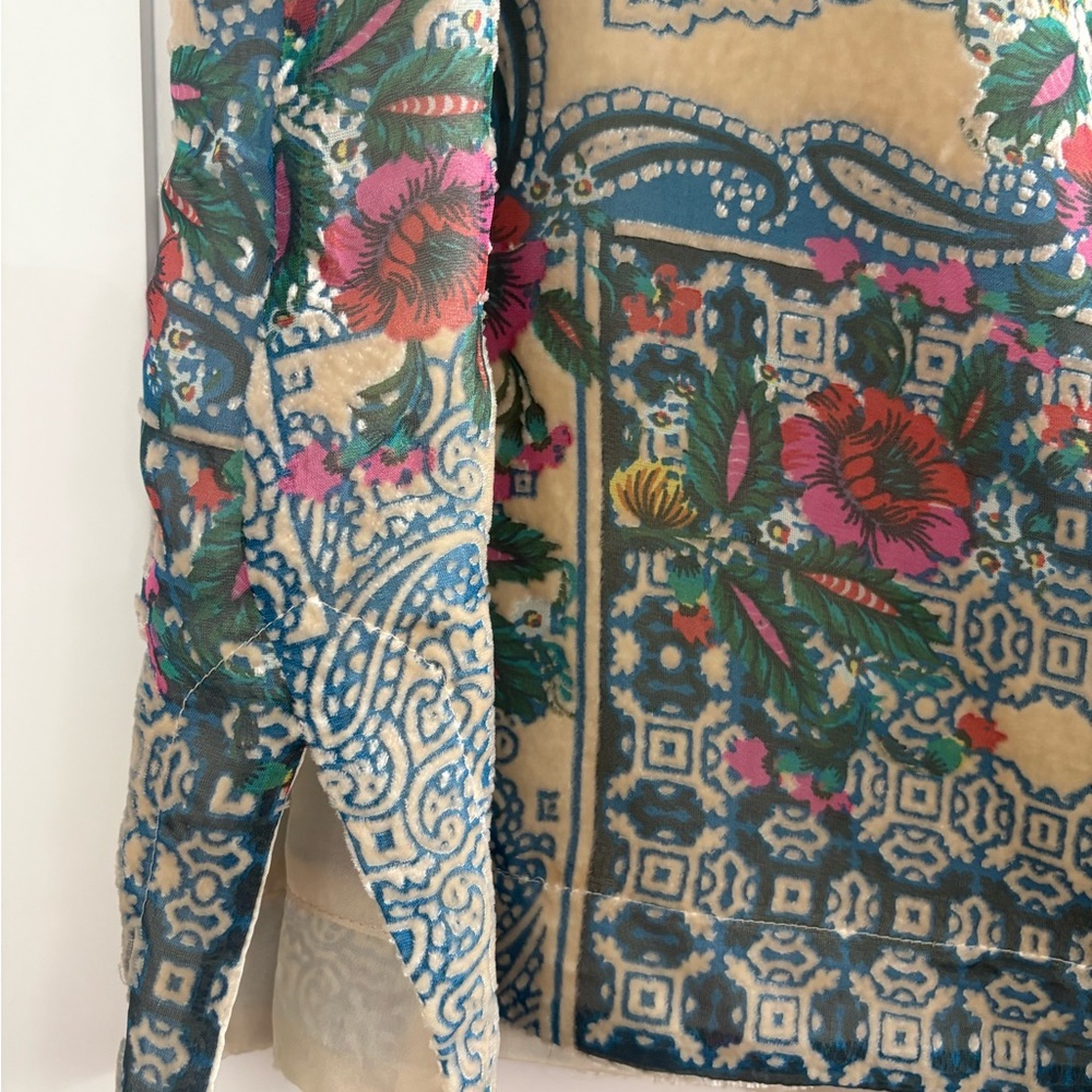 $290 Johnny Was Blue and Tan floral Patchwork burned velour silk  Tunic Dress S - Picture 4 of 13